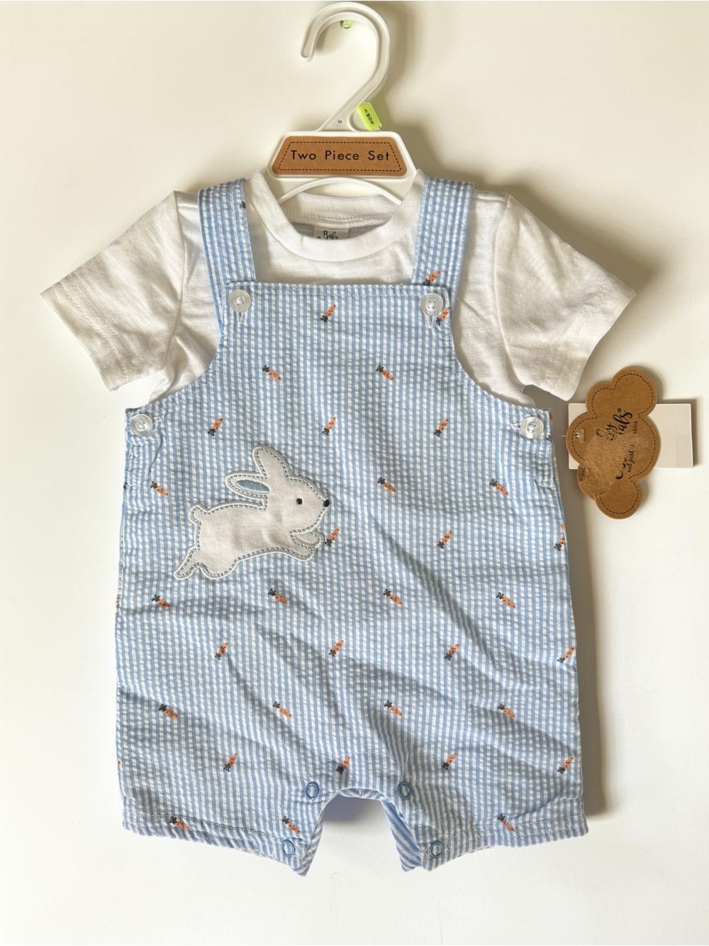Baby Essentials Easter Bunny Overalls 2 Piece Set Size 3M Seersucker New
